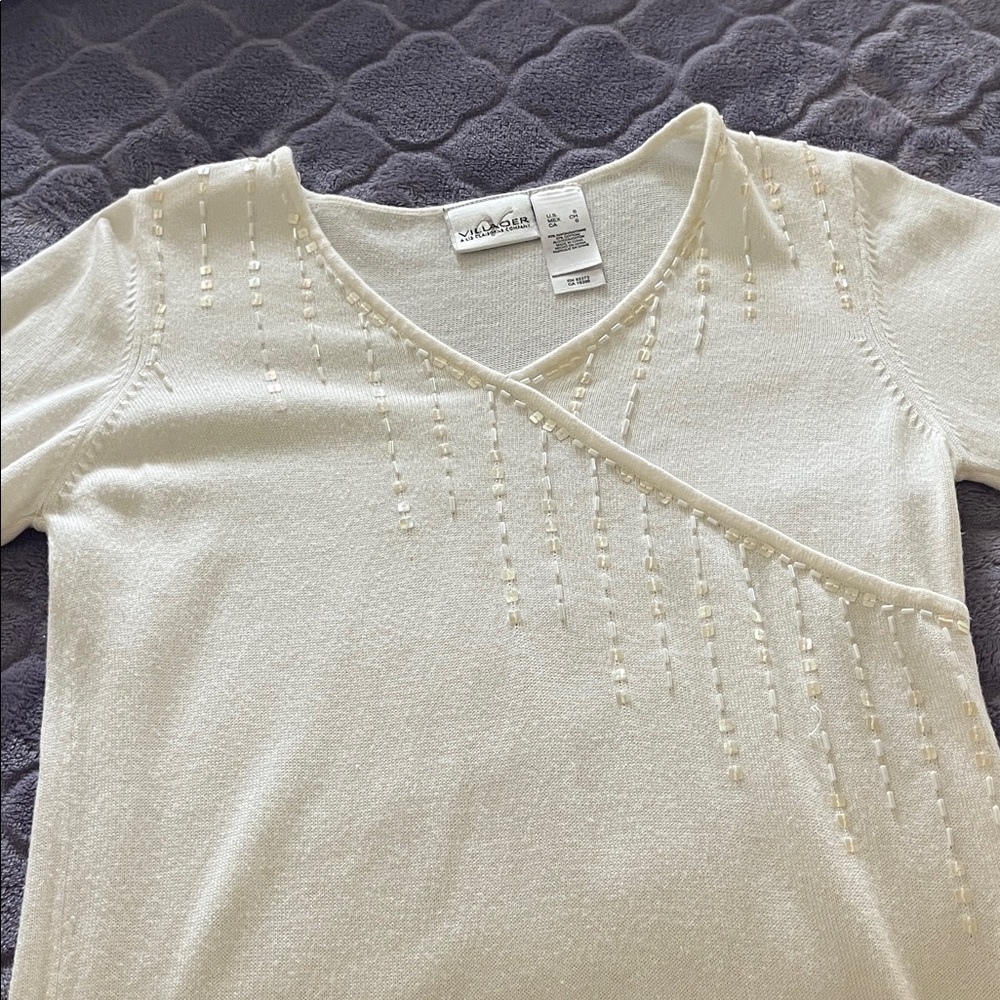 Liz Claiborne Ivory Knit Top with Beaded Accents
